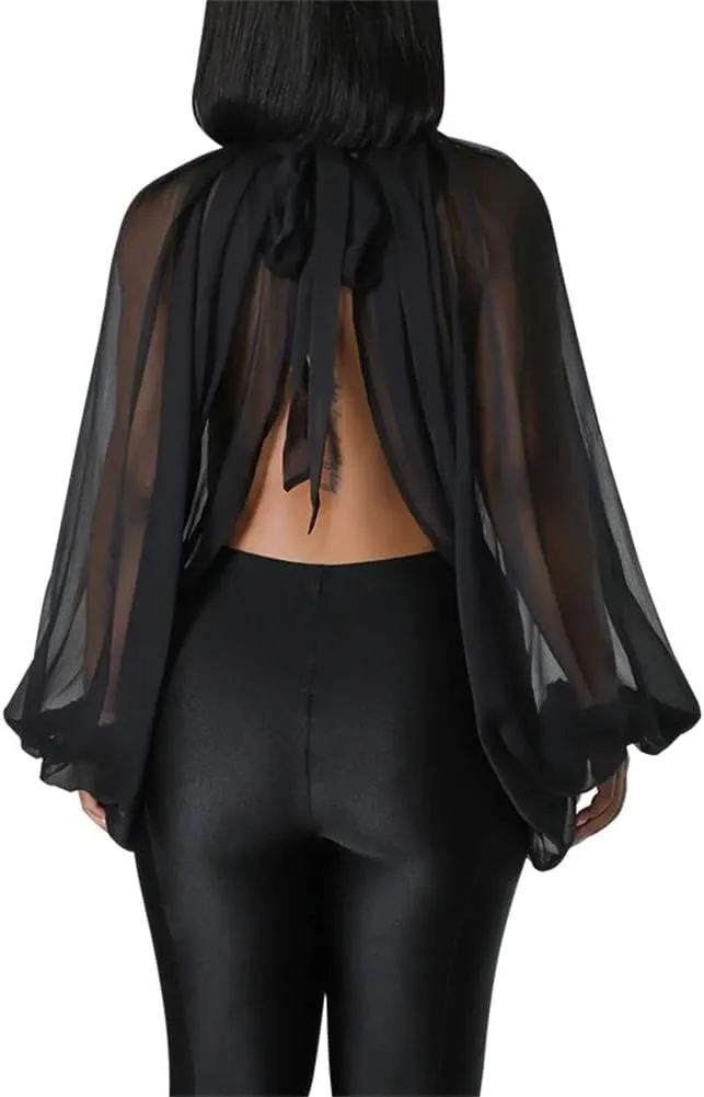 cu4eve Chiffon Blouses for Women Summmer Sexy Open Back Sheer See Through Tie Batwing Sleeve Tops Tunic Shirts
