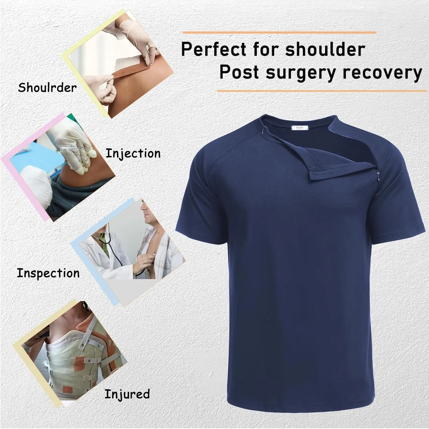 Deyeek Unisex Chemo Port Shirts Post Shoulder Surgery Recovery Shirts Tear Away Side Zippers Off Full Open Chemo Clothing