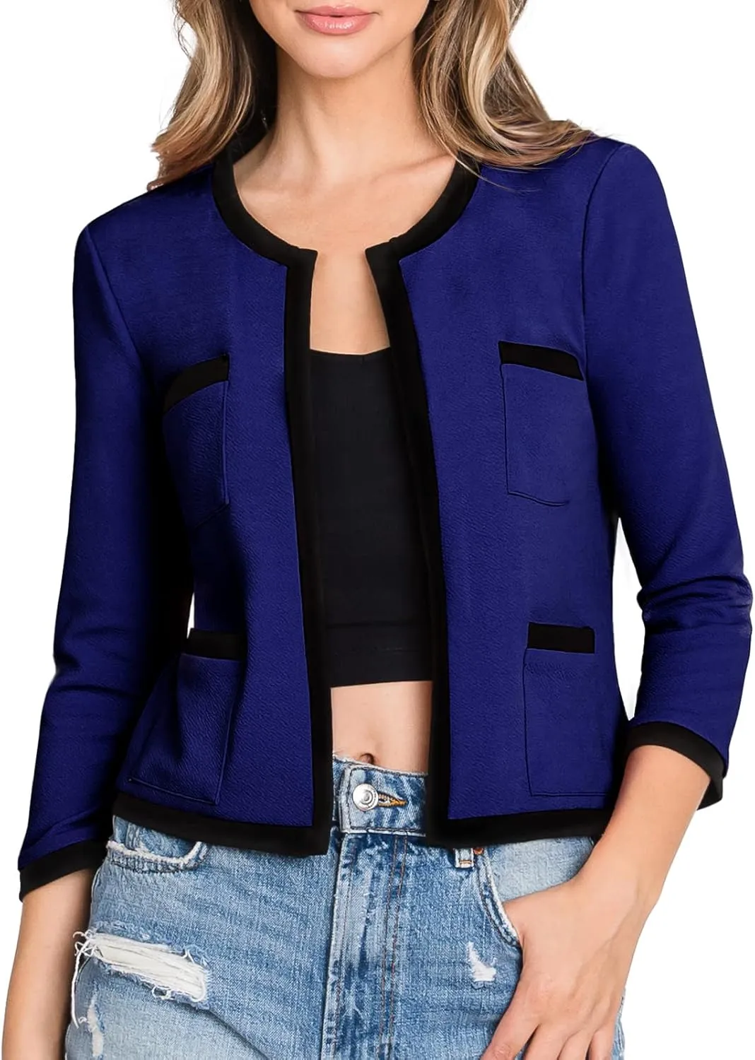 DOUBLJU Casual Open Front Crop Blazers 3/4 Sleeve Round Neck Formal Cropped Jackets for Womens with Plus Size Business Work