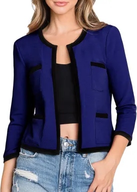 DOUBLJU Casual Open Front Crop Blazers 3/4 Sleeve Round Neck Formal Cropped Jackets for Womens with Plus Size Business Work