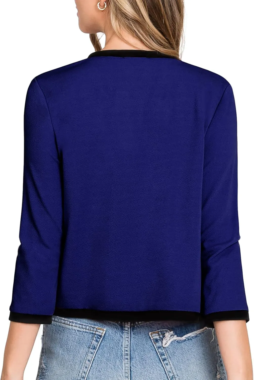 DOUBLJU Casual Open Front Crop Blazers 3/4 Sleeve Round Neck Formal Cropped Jackets for Womens with Plus Size Business Work