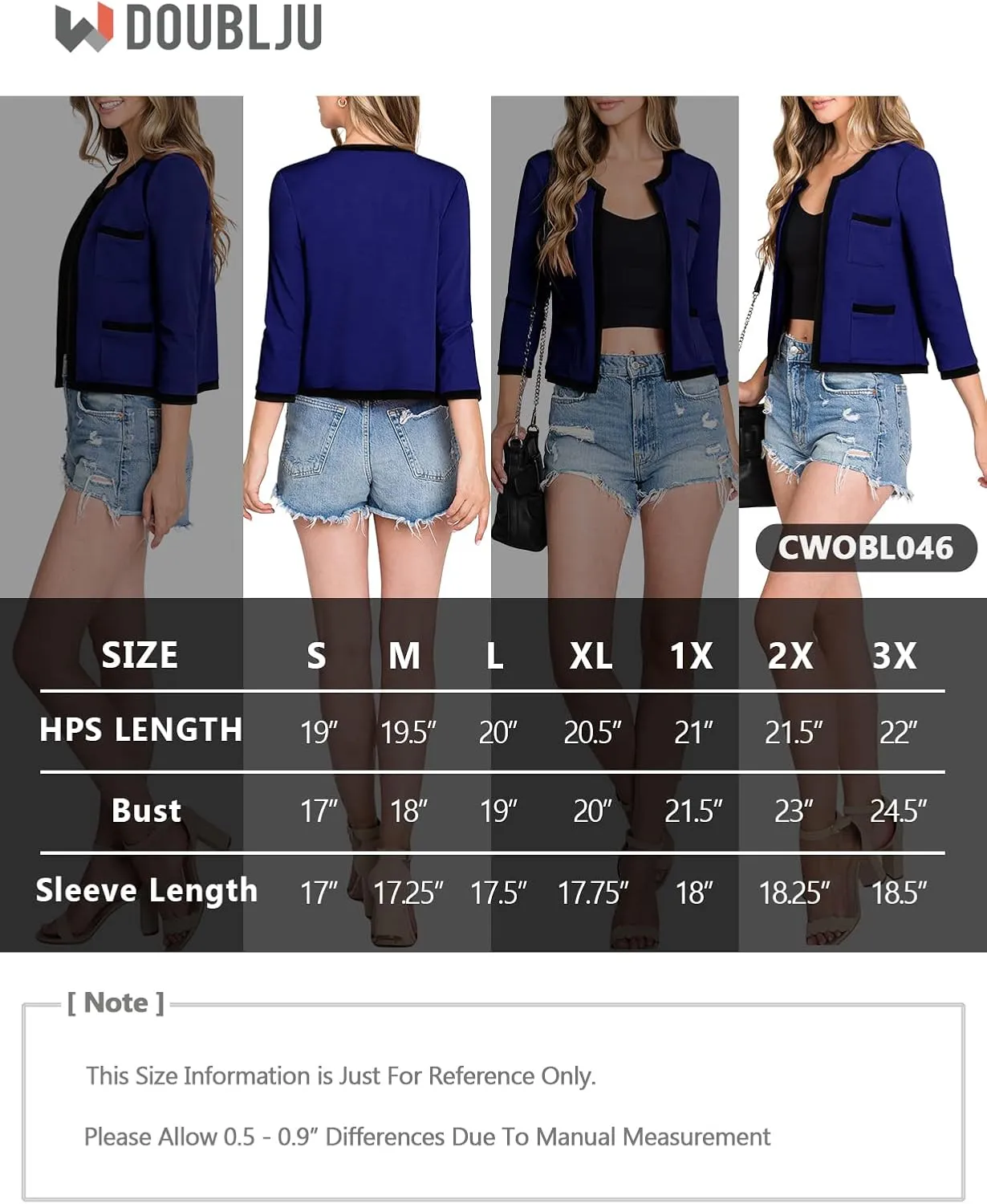 DOUBLJU Casual Open Front Crop Blazers 3/4 Sleeve Round Neck Formal Cropped Jackets for Womens with Plus Size Business Work