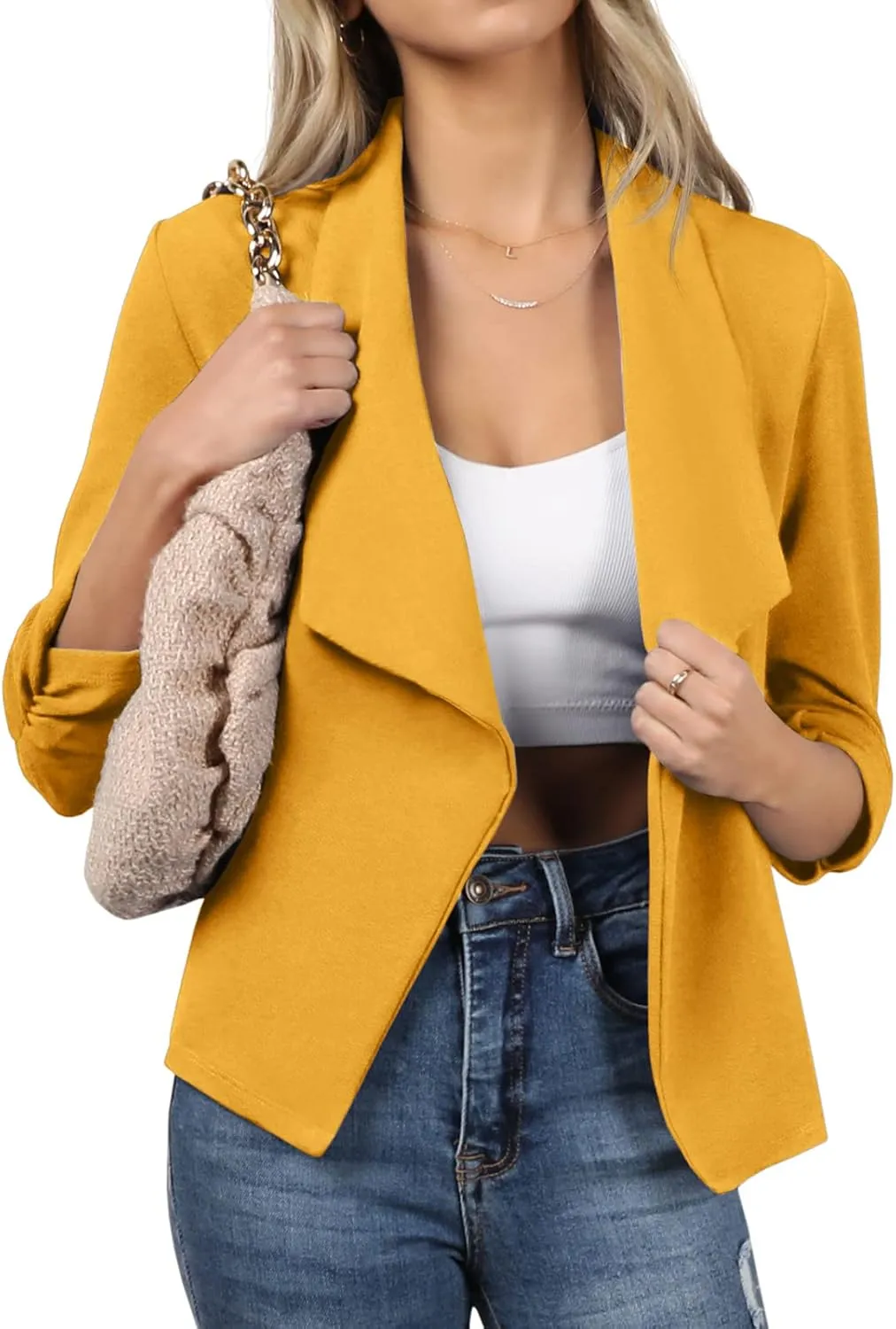 DOUBLJU Ruched 3/4 Sleeve Open Front Draped Blazers Business Casual Basic Work Jackets for Womens Clothes with Plus Size