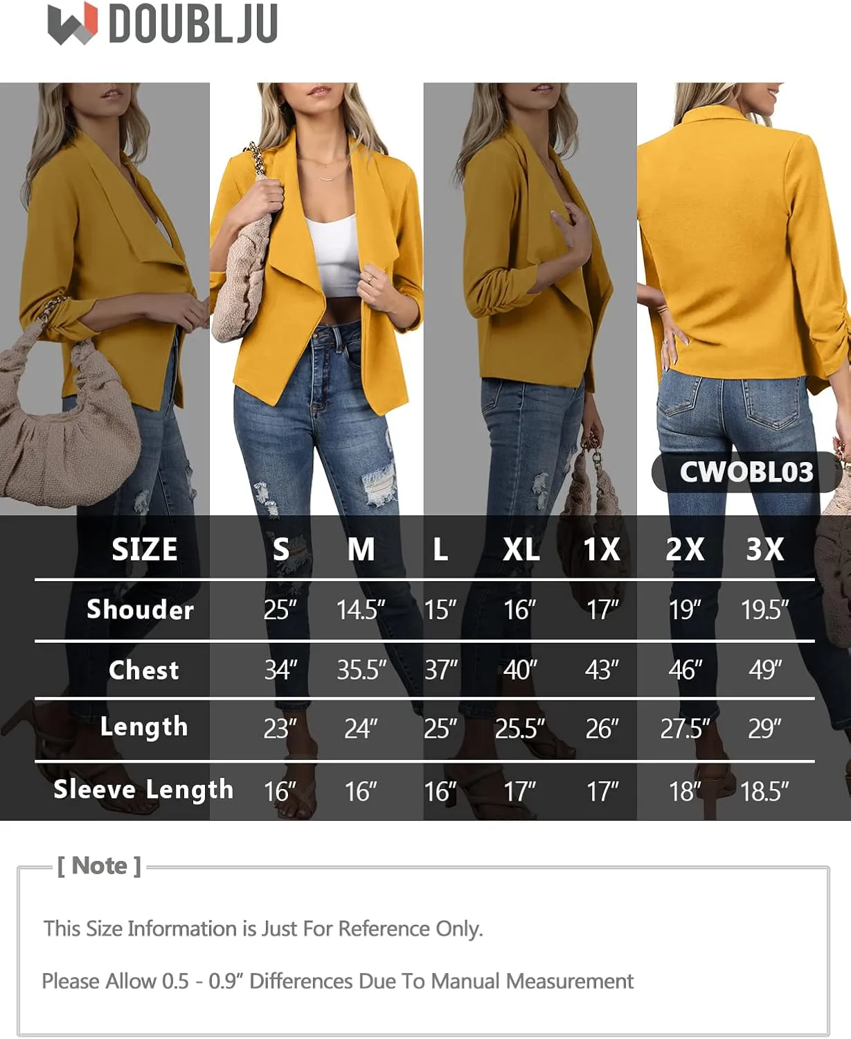 DOUBLJU Ruched 3/4 Sleeve Open Front Draped Blazers Business Casual Basic Work Jackets for Womens Clothes with Plus Size