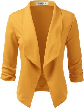 DOUBLJU Ruched 3/4 Sleeve Open Front Draped Blazers Business Casual Basic Work Jackets for Womens Clothes with Plus Size