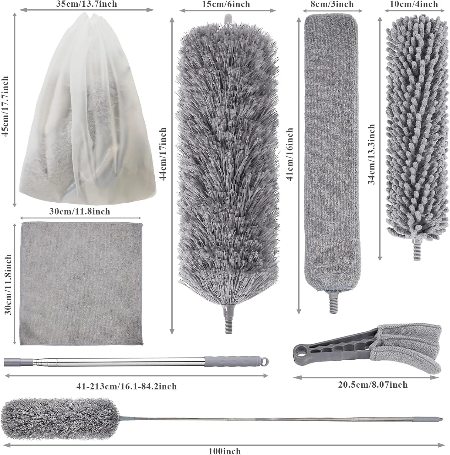 Dusters for Cleaning, 9 in 1 Kit 100 Feather Duster with Extension Pole, Retractable Bendable Washable, Cobweb Duster Chenille Gap Dust Brush Blind Duster for Cleaning High Ceiling Fans Furniture
