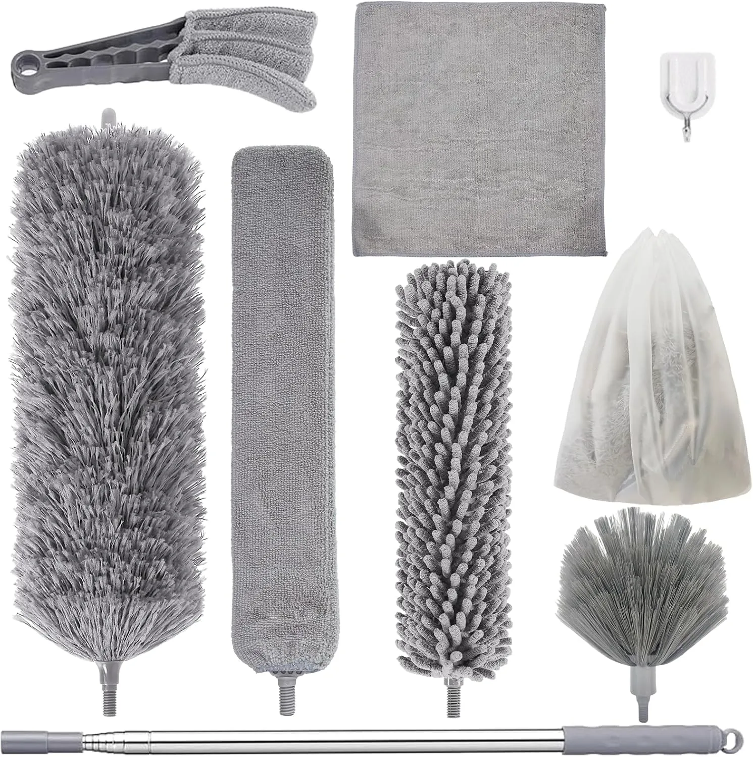Dusters for Cleaning, 9 in 1 Kit 100 Feather Duster with Extension Pole, Retractable Bendable Washable, Cobweb Duster Chenille Gap Dust Brush Blind Duster for Cleaning High Ceiling Fans Furniture