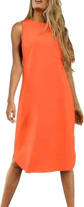 Dyexces Summer Dress for Women Crew Neck Short Sleeve Solid Basic T-Shirts Casual Midi Dresses with Pocket