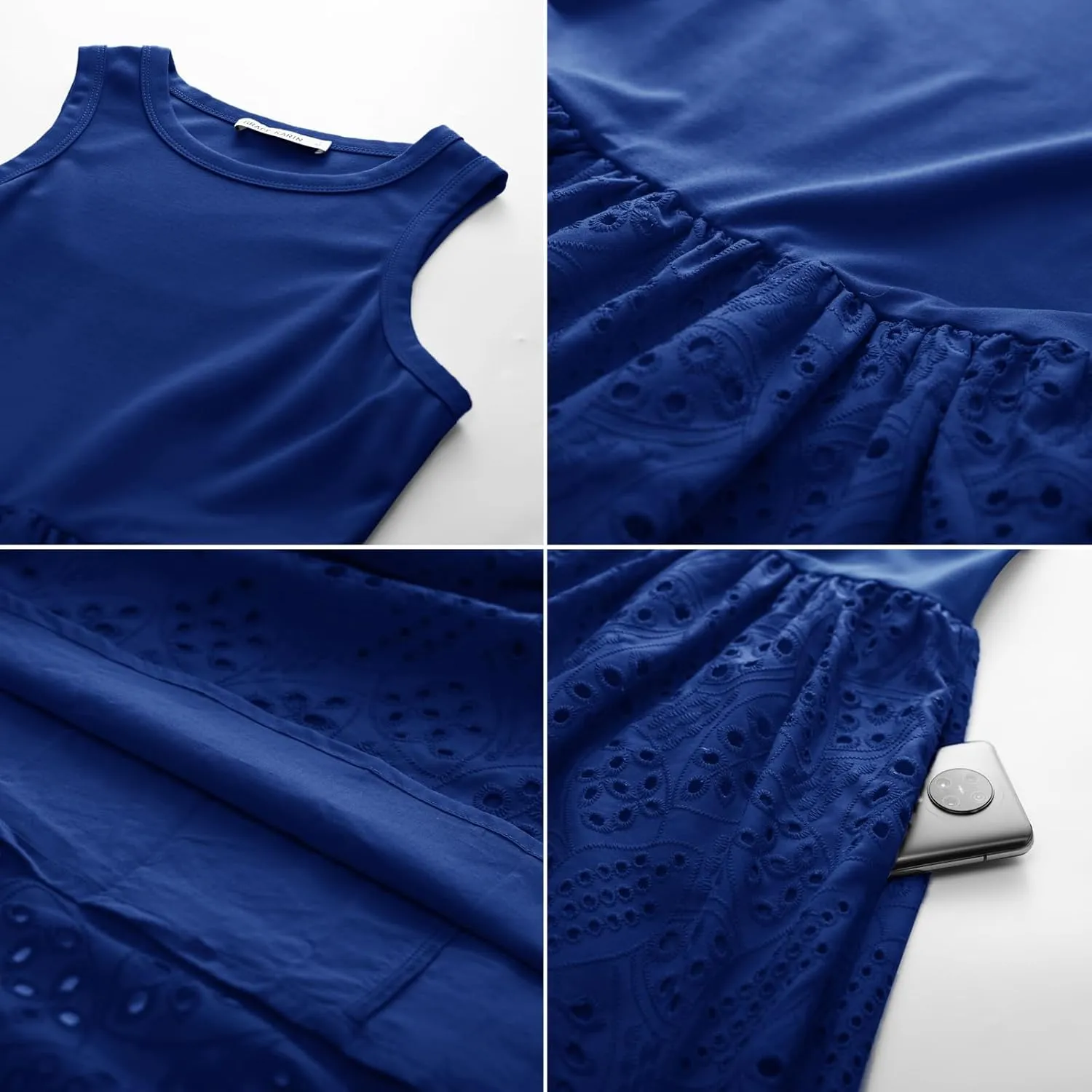 GRACE KARIN Women's Summer Sleeveless Tank Dress A Line Midi Dress Eyelet Crewneck Casual Holiday Dress with Pockets