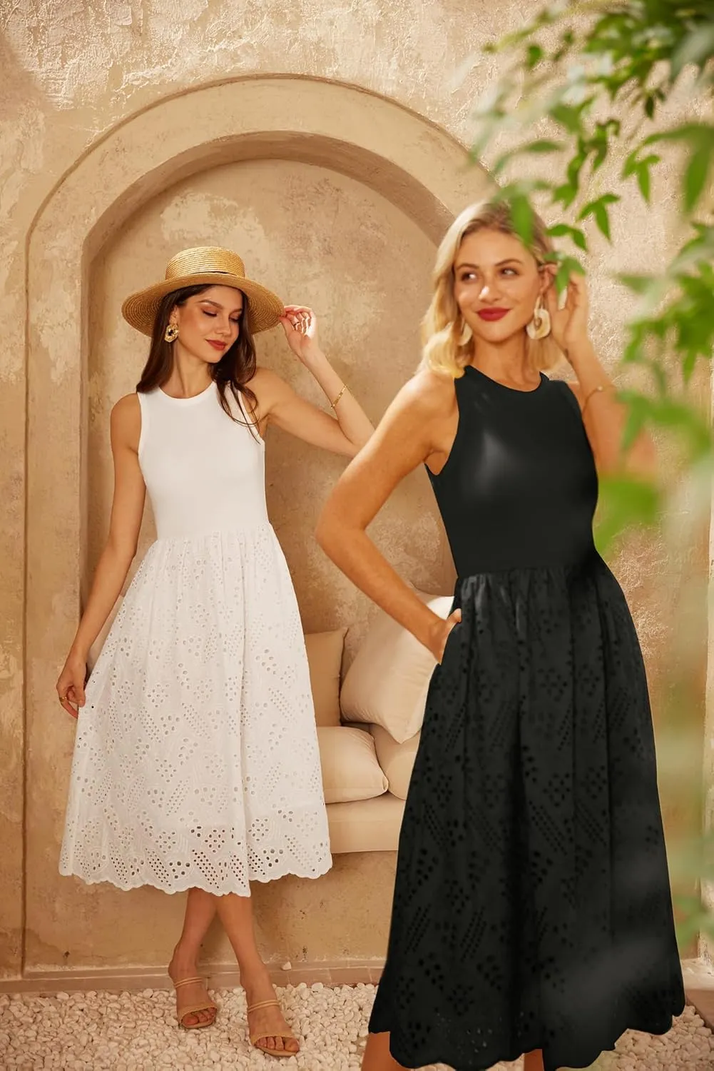 GRACE KARIN Women's Summer Sleeveless Tank Dress A Line Midi Dress Eyelet Crewneck Casual Holiday Dress with Pockets