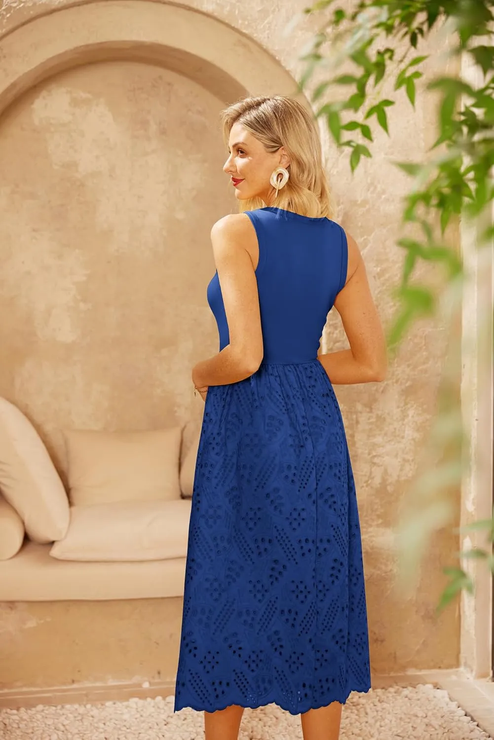 GRACE KARIN Women's Summer Sleeveless Tank Dress A Line Midi Dress Eyelet Crewneck Casual Holiday Dress with Pockets