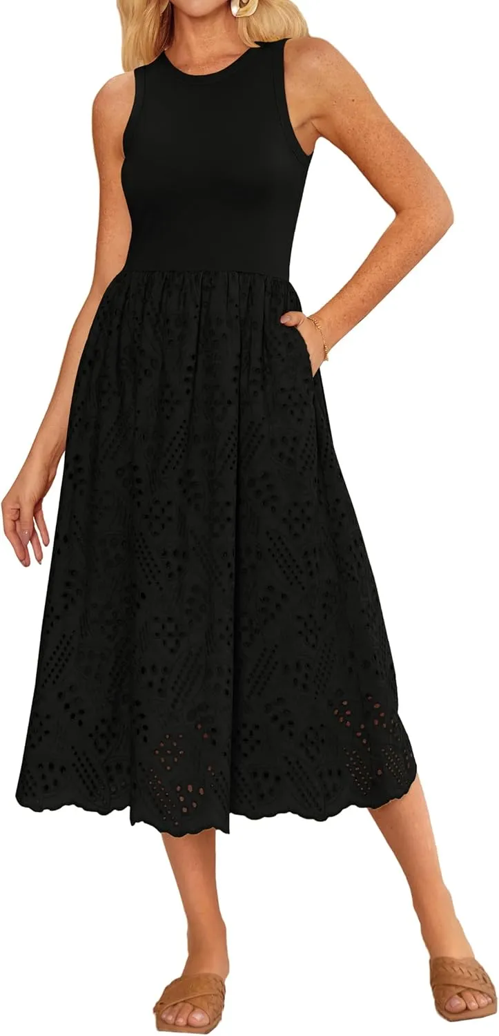 GRACE KARIN Women's Summer Sleeveless Tank Dress A Line Midi Dress Eyelet Crewneck Casual Holiday Dress with Pockets