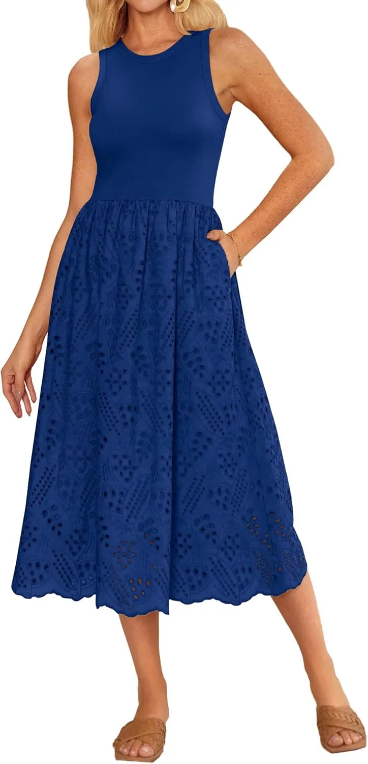 GRACE KARIN Women's Summer Sleeveless Tank Dress A Line Midi Dress Eyelet Crewneck Casual Holiday Dress with Pockets