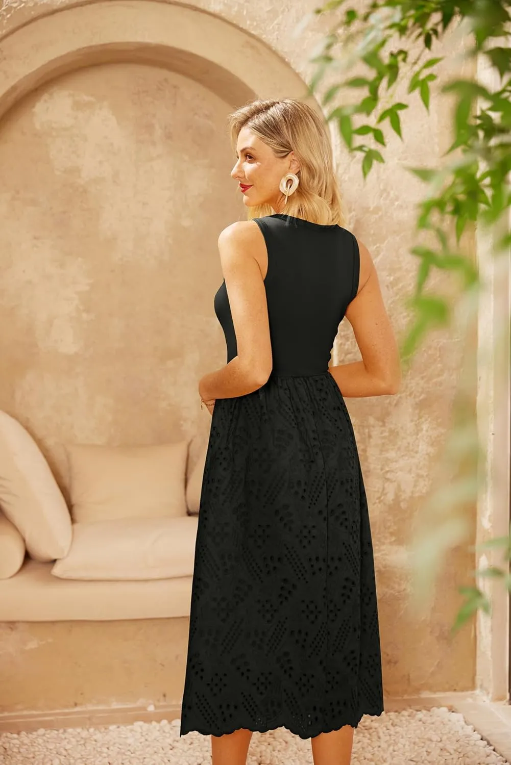 GRACE KARIN Women's Summer Sleeveless Tank Dress A Line Midi Dress Eyelet Crewneck Casual Holiday Dress with Pockets