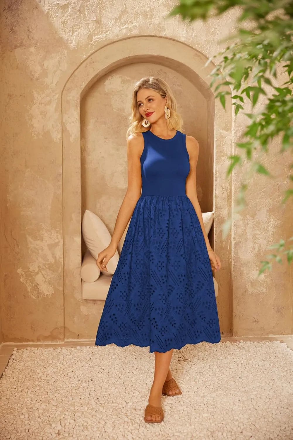 GRACE KARIN Women's Summer Sleeveless Tank Dress A Line Midi Dress Eyelet Crewneck Casual Holiday Dress with Pockets