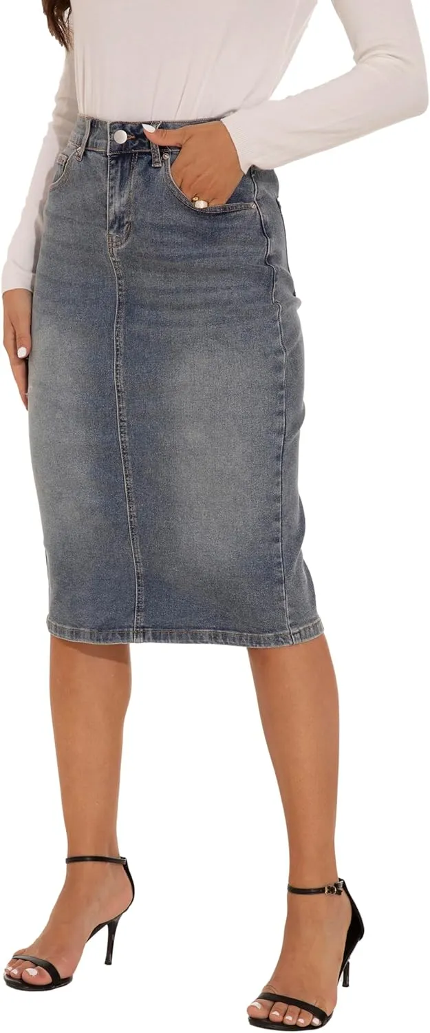 GUANYY Womens Denim Skirt-High Waisted Knee Length Slim Fit Pencil Stretch Jean Skirt