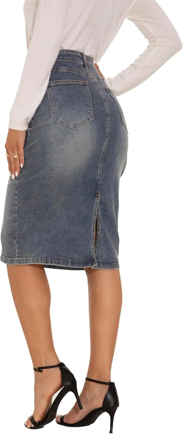GUANYY Womens Denim Skirt-High Waisted Knee Length Slim Fit Pencil Stretch Jean Skirt
