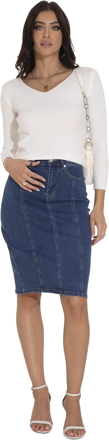 GUANYY Womens Denim Skirt-High Waisted Knee Length Slim Fit Pencil Stretch Jean Skirt