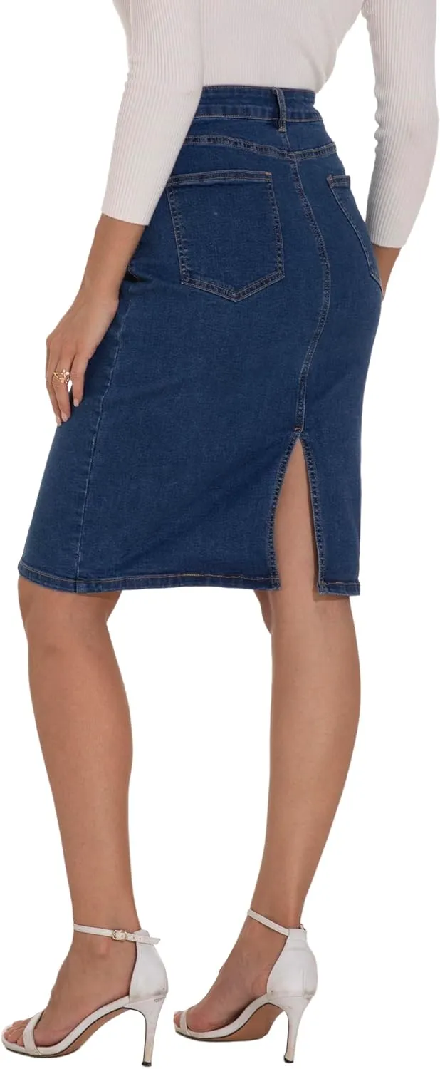 GUANYY Womens Denim Skirt-High Waisted Knee Length Slim Fit Pencil Stretch Jean Skirt