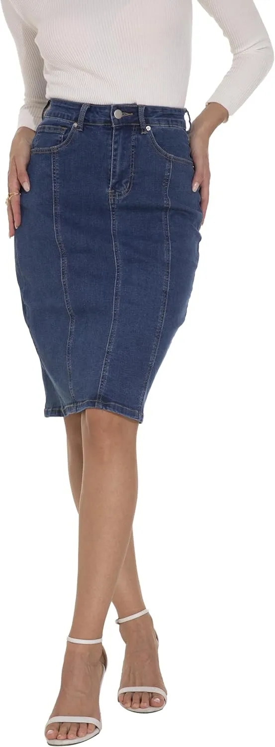 GUANYY Womens Denim Skirt-High Waisted Knee Length Slim Fit Pencil Stretch Jean Skirt