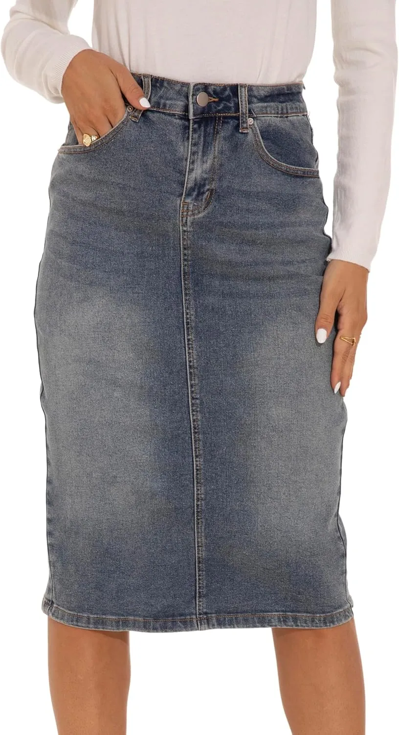 GUANYY Womens Denim Skirt-High Waisted Knee Length Slim Fit Pencil Stretch Jean Skirt