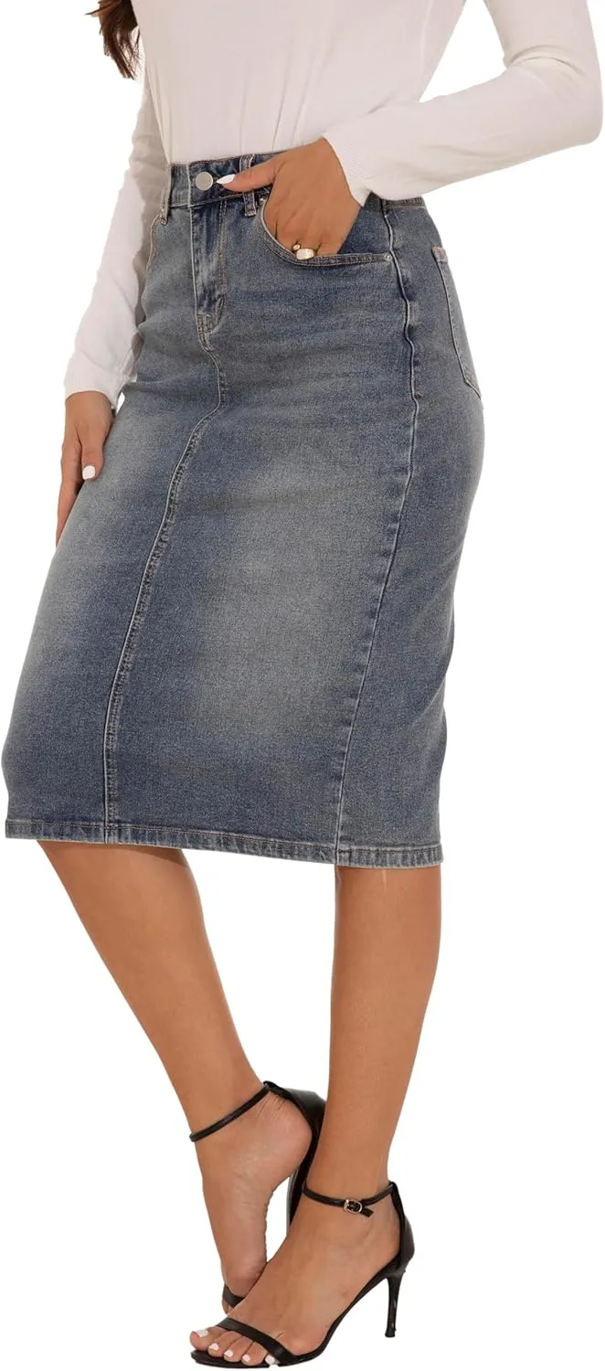 GUANYY Womens Denim Skirt-High Waisted Knee Length Slim Fit Pencil Stretch Jean Skirt