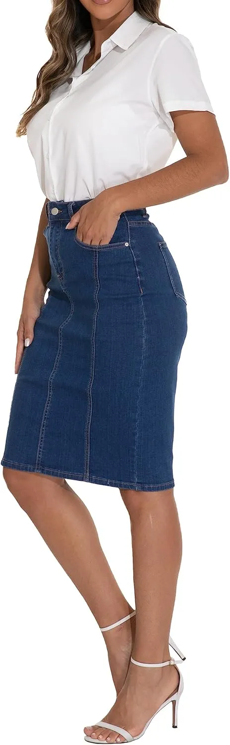 GUANYY Womens Denim Skirt-High Waisted Knee Length Slim Fit Pencil Stretch Jean Skirt