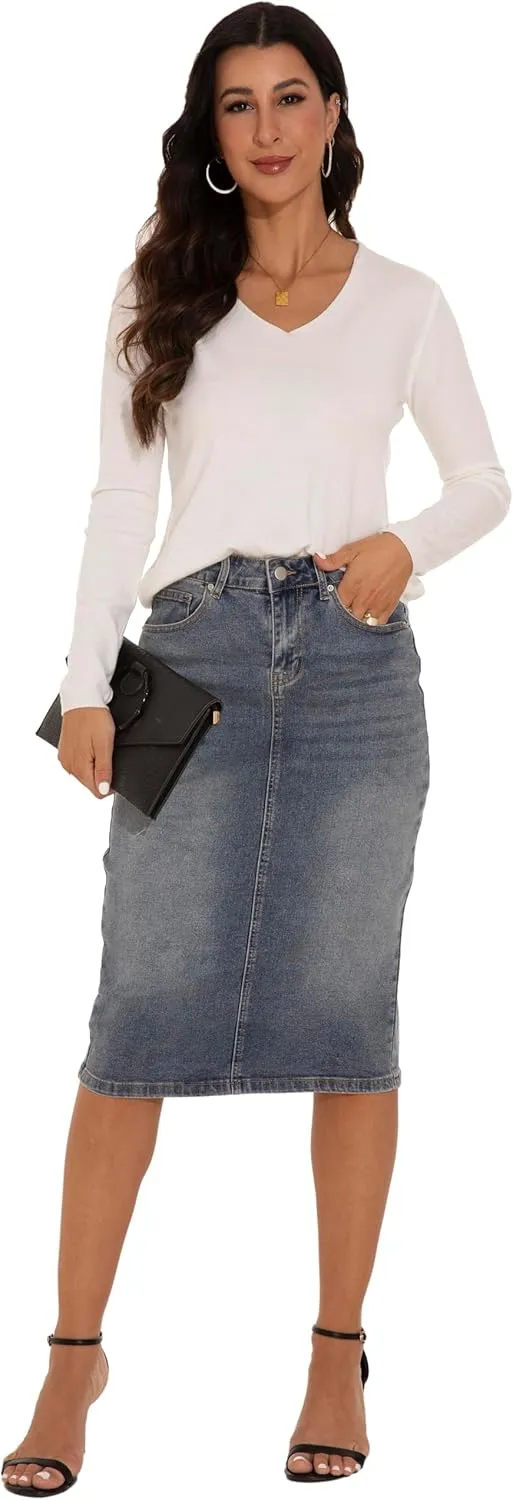 GUANYY Womens Denim Skirt-High Waisted Knee Length Slim Fit Pencil Stretch Jean Skirt