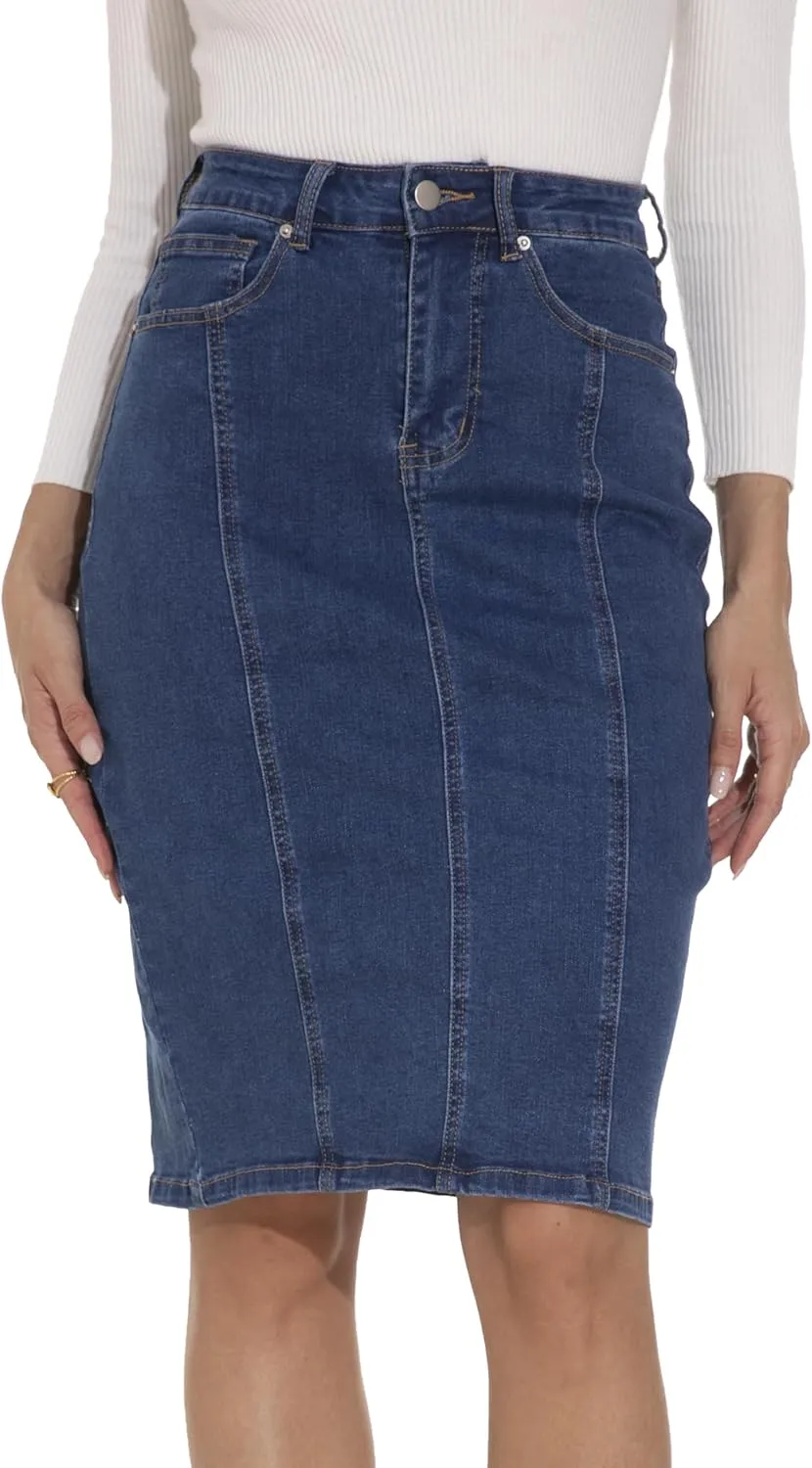 GUANYY Womens Denim Skirt-High Waisted Knee Length Slim Fit Pencil Stretch Jean Skirt