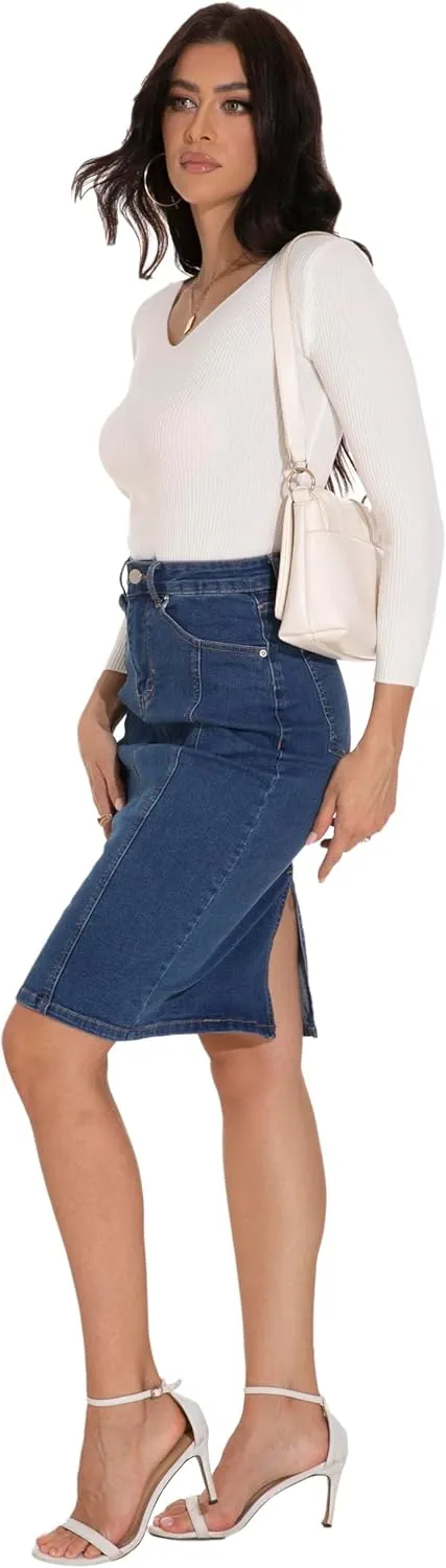 GUANYY Womens Denim Skirt-High Waisted Knee Length Slim Fit Pencil Stretch Jean Skirt