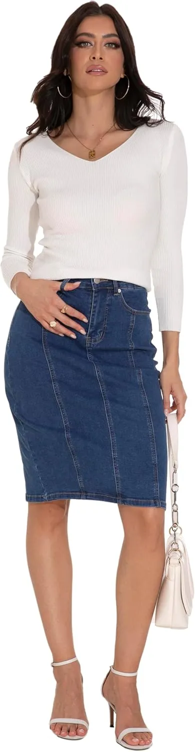 GUANYY Womens Denim Skirt-High Waisted Knee Length Slim Fit Pencil Stretch Jean Skirt