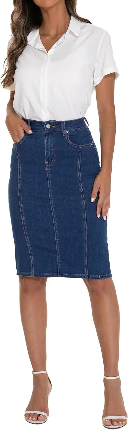 GUANYY Womens Denim Skirt-High Waisted Knee Length Slim Fit Pencil Stretch Jean Skirt