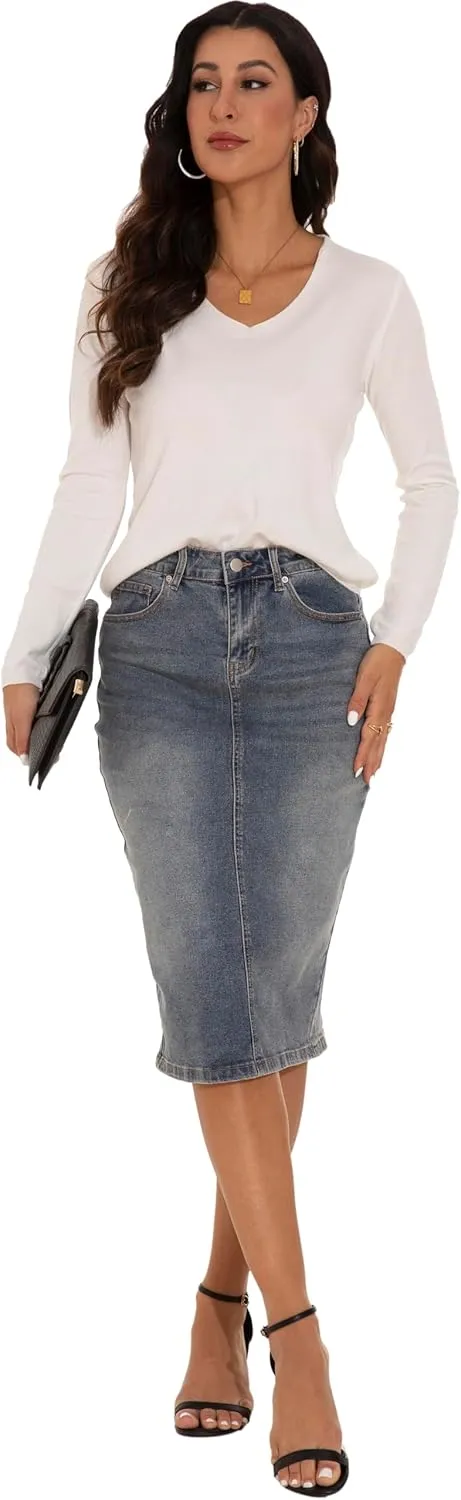 GUANYY Womens Denim Skirt-High Waisted Knee Length Slim Fit Pencil Stretch Jean Skirt