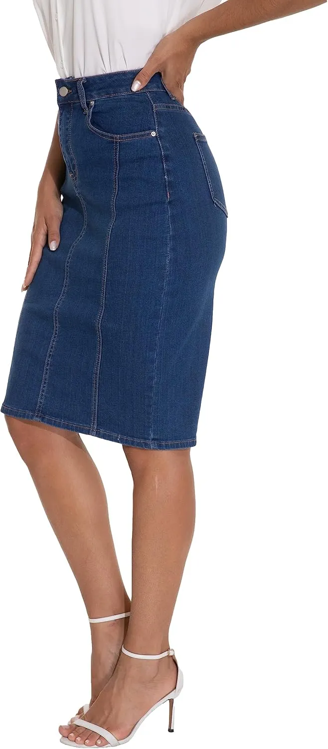 GUANYY Womens Denim Skirt-High Waisted Knee Length Slim Fit Pencil Stretch Jean Skirt