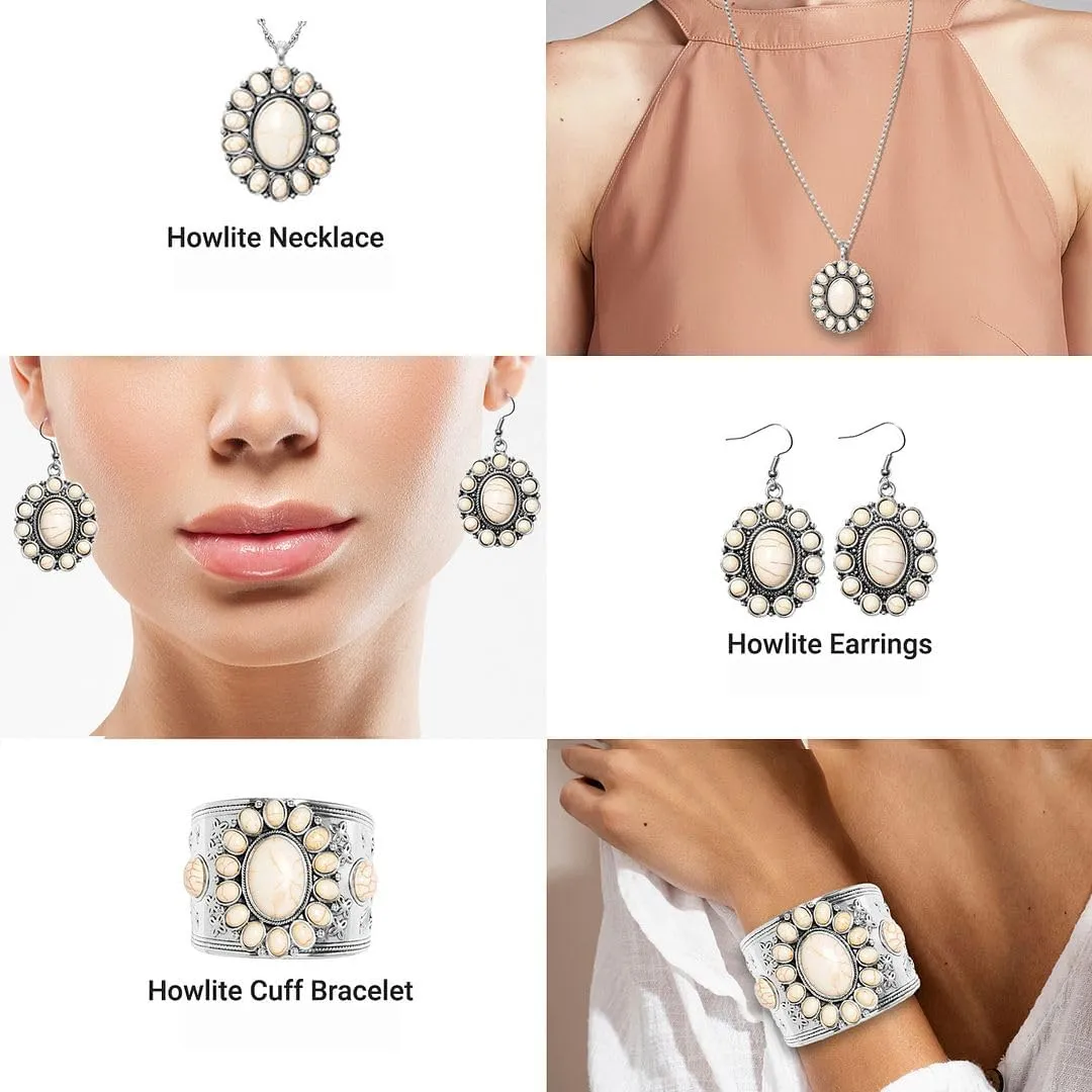 Howlite Jewelry Sets for Women - Turquoise Inspired Western Cowgirl Accessories - Beautiful Statement Necklace Earrings & Cuff Bracelet Set Southwestern Chunky Necklaces Costume Jewelry Birthday