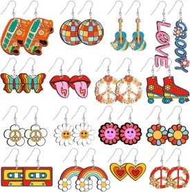 Junkin 16 Pairs Hippie Earrings for Women 70s 80s Groovy Acrylic Retro Boho Earrings Rainbow Daisy Butterfly Flower Women's Drop Dangle for Summer Travel Jewelry Gift