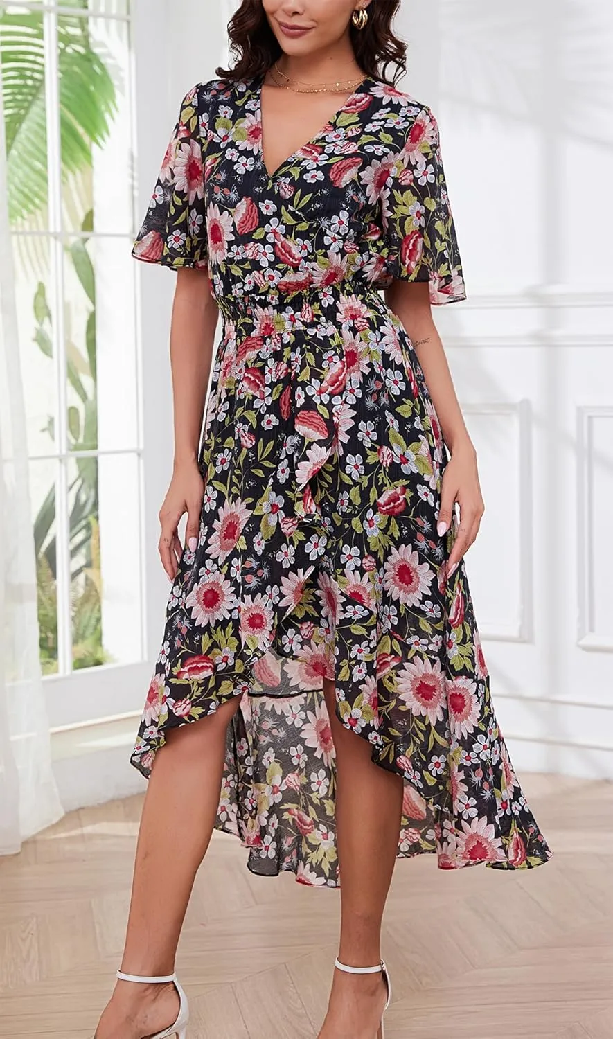 Kormei Womens Short Sleeve Floral High Low V-Neck Flowy Party Long Maxi Dress