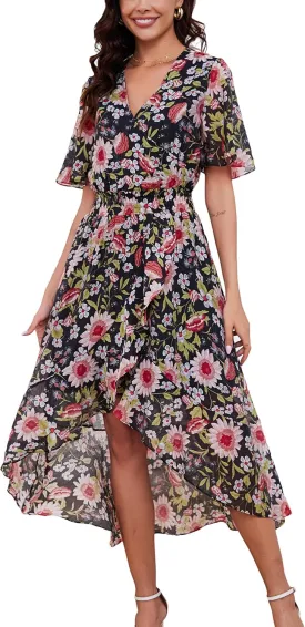 Kormei Womens Short Sleeve Floral High Low V-Neck Flowy Party Long Maxi Dress