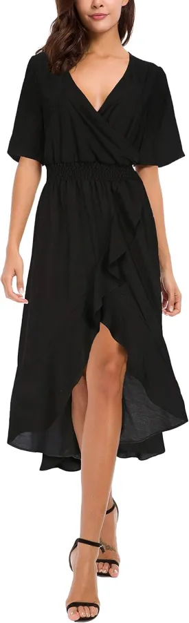 Kormei Womens Short Sleeve Floral High Low V-Neck Flowy Party Long Maxi Dress