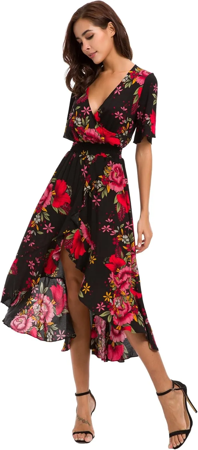 Kormei Womens Short Sleeve Floral High Low V-Neck Flowy Party Long Maxi Dress