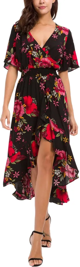 Kormei Womens Short Sleeve Floral High Low V-Neck Flowy Party Long Maxi Dress