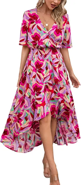 Kormei Womens Short Sleeve Floral High Low V-Neck Flowy Party Long Maxi Dress