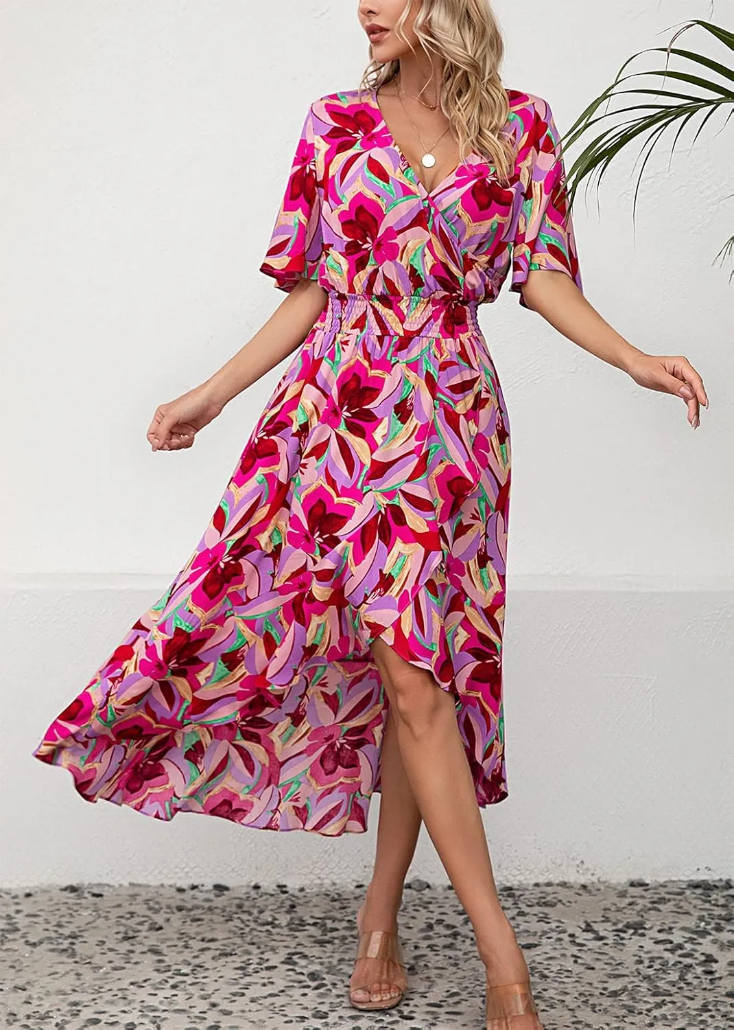 Kormei Womens Short Sleeve Floral High Low V-Neck Flowy Party Long Maxi Dress
