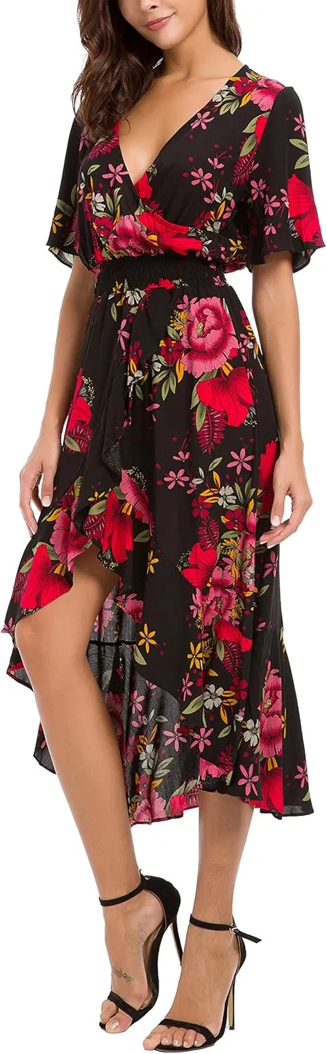 Kormei Womens Short Sleeve Floral High Low V-Neck Flowy Party Long Maxi Dress