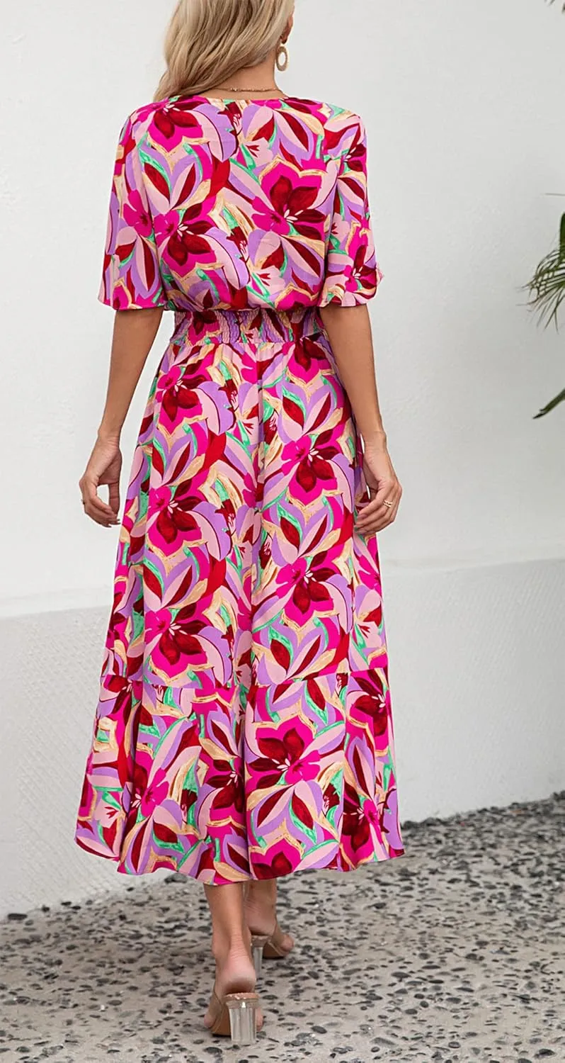 Kormei Womens Short Sleeve Floral High Low V-Neck Flowy Party Long Maxi Dress