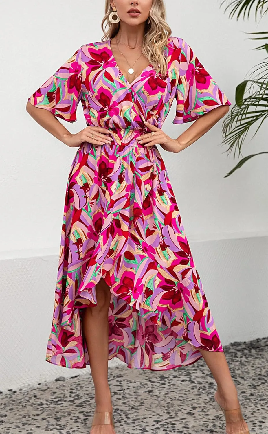 Kormei Womens Short Sleeve Floral High Low V-Neck Flowy Party Long Maxi Dress