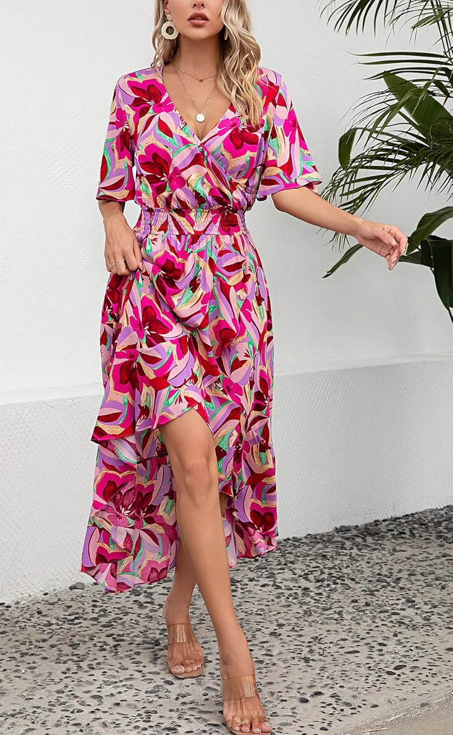 Kormei Womens Short Sleeve Floral High Low V-Neck Flowy Party Long Maxi Dress