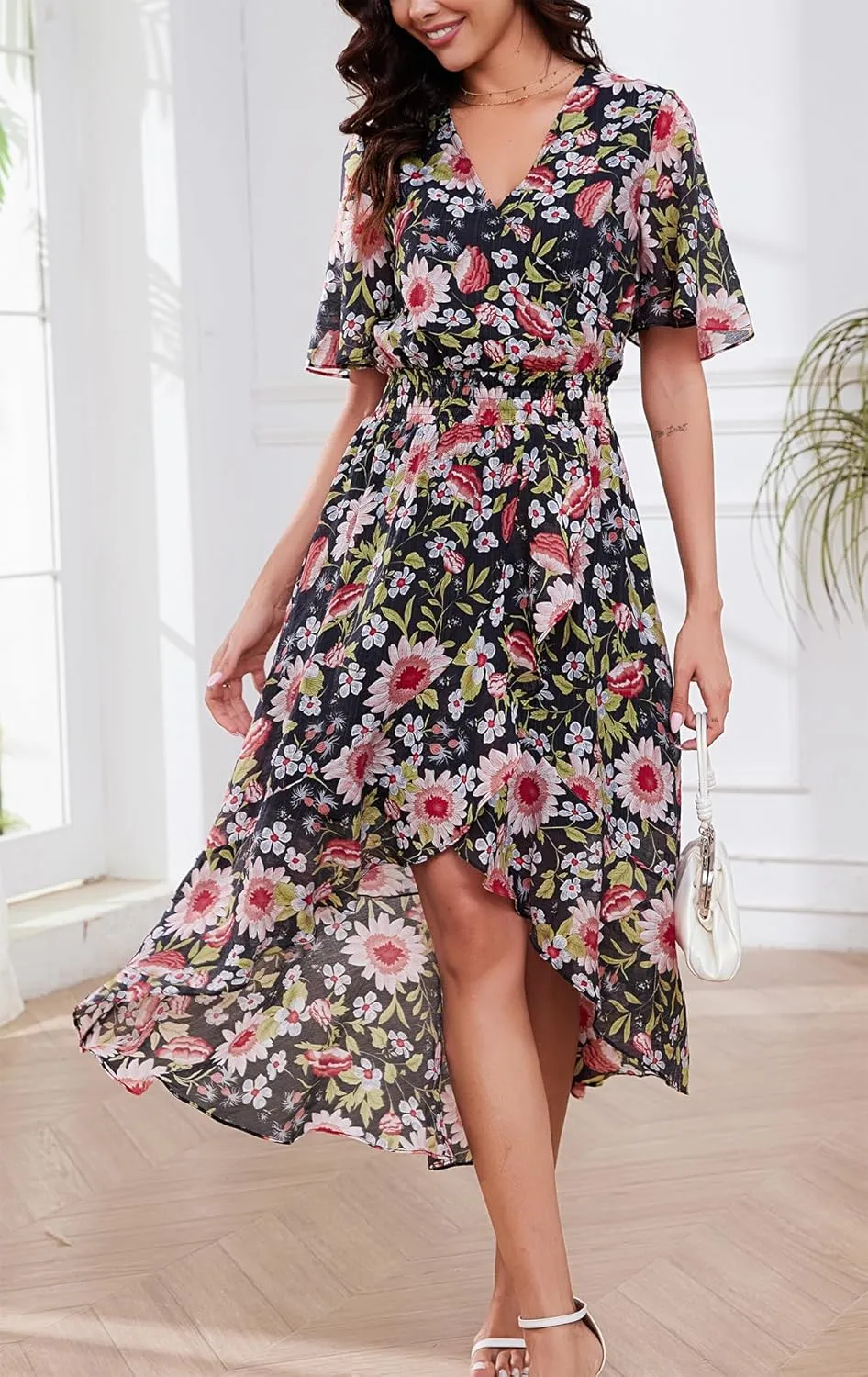 Kormei Womens Short Sleeve Floral High Low V-Neck Flowy Party Long Maxi Dress