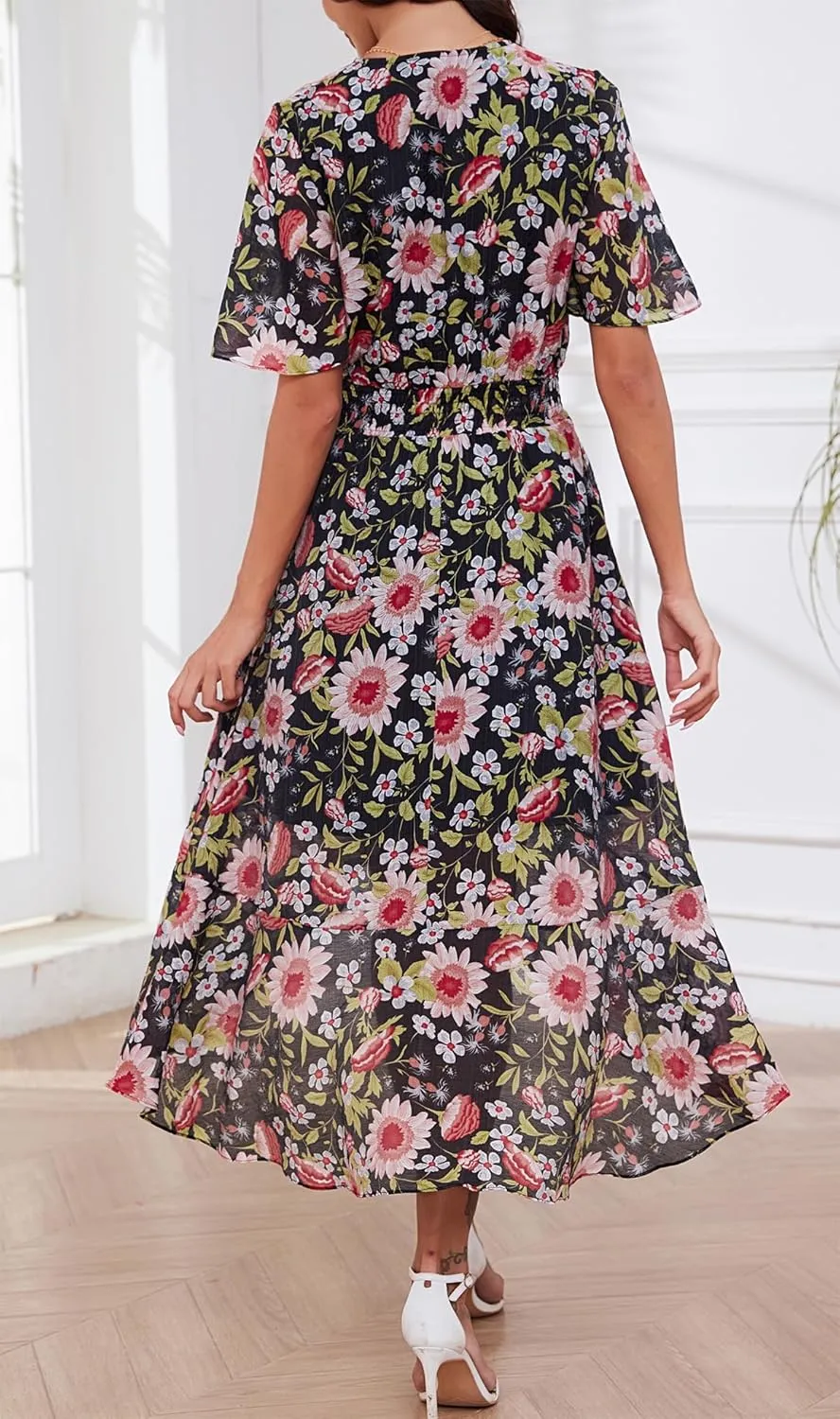Kormei Womens Short Sleeve Floral High Low V-Neck Flowy Party Long Maxi Dress