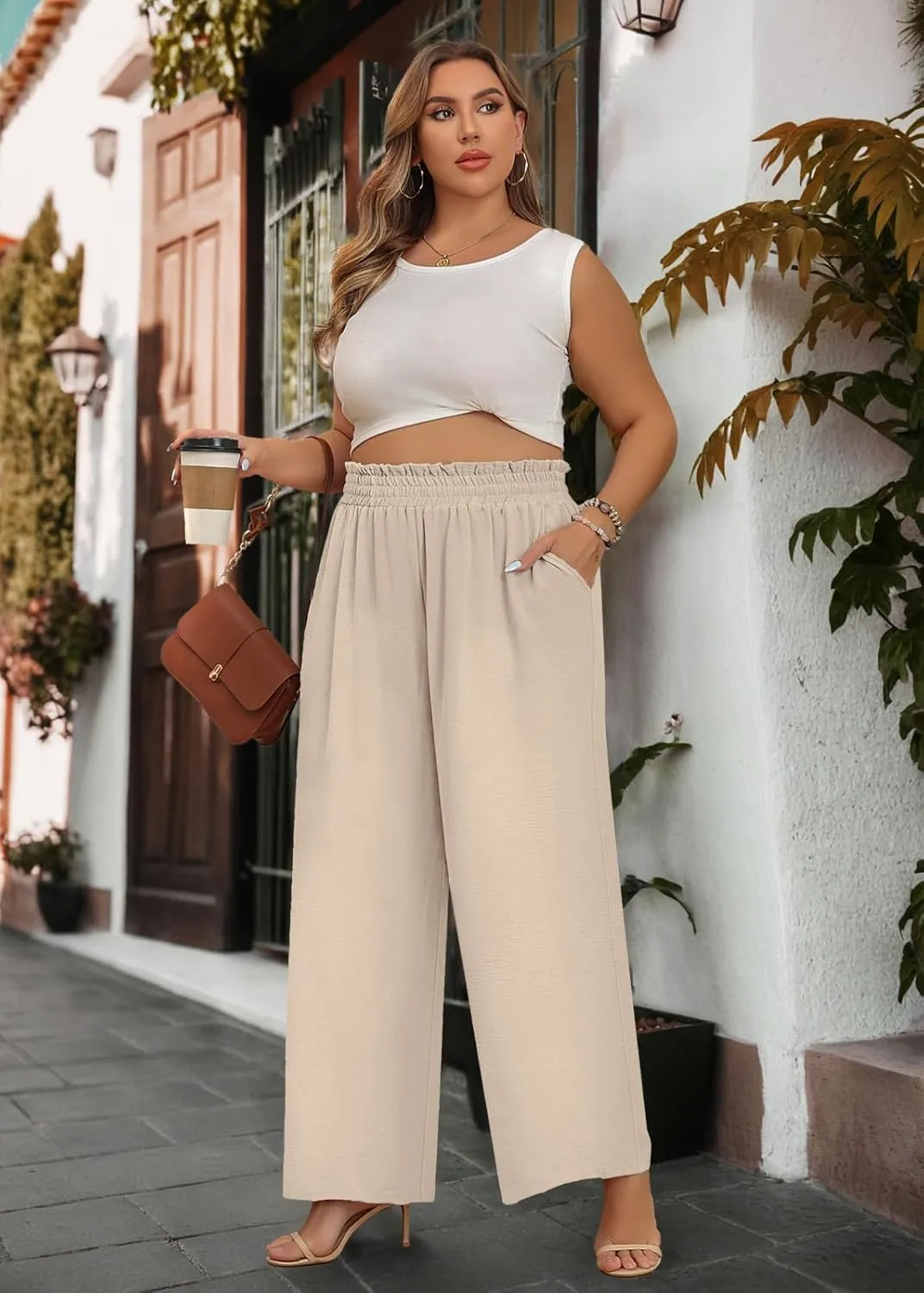 Lastshe Women's Plus Size Wide Leg Pants Elastic Waist Hide Drawstring Loose Work Pants Palazzo Trousers with Pockets
